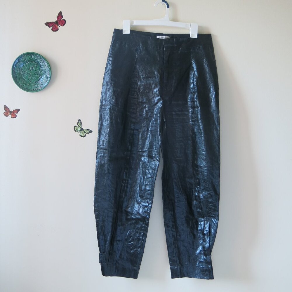 Lanhtropy Mercer Black Metallic Organic Linen Foil Relaxed Modern Pants Size S